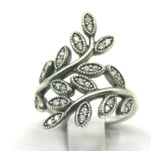 PANDORA 925 STERLING SILVER SHIMMERING LEAVES RING WITH CZ (56)